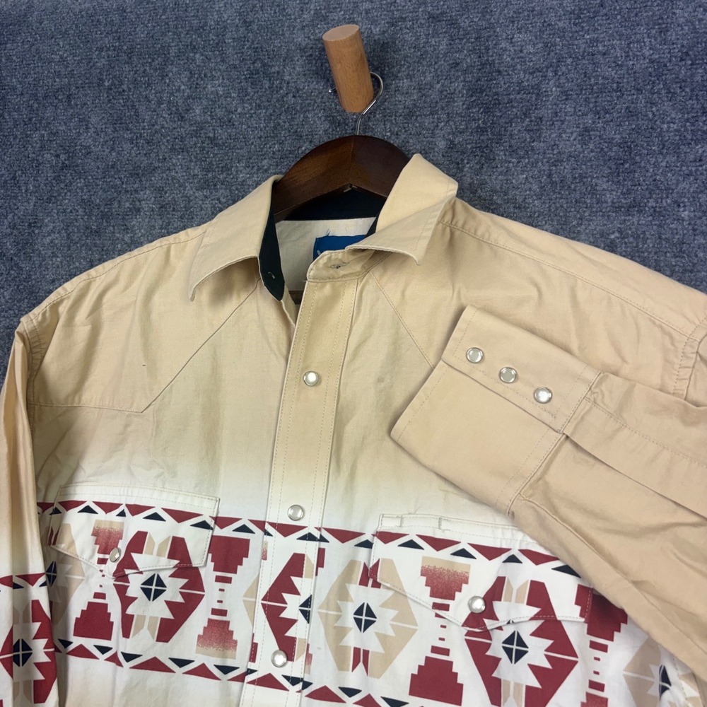 Wrangler Western Shirt Mens Medium Tan Southwestern Pearl Snap Geometric MC6651M
